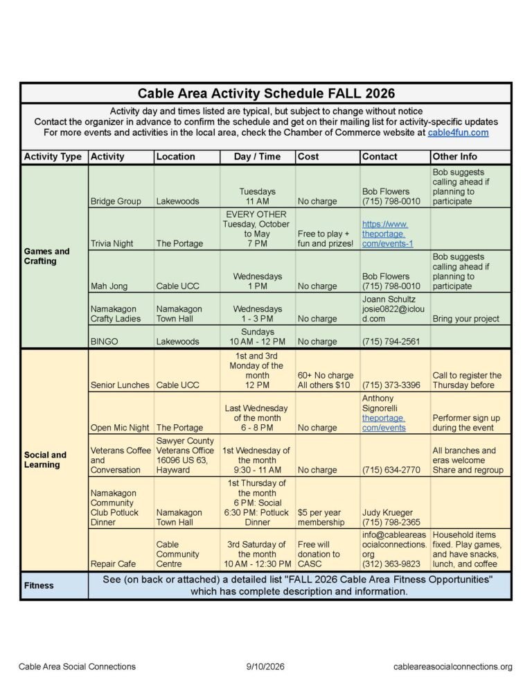 activity calendar fall 2026